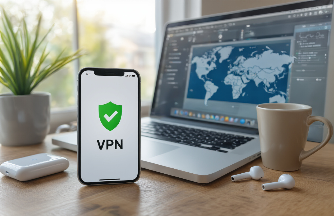 Create a realistic image of a modern smartphone displaying a VPN connection interface with a green checkmark or shield icon indicating secure connection, placed on a clean wooden desk beside a laptop computer showing various global server locations on a world map, with soft natural lighting from a window creating a professional workspace atmosphere, complemented by subtle tech accessories like wireless earbuds and a coffee cup, conveying trust, security, and digital protection in a contemporary office setting, absolutely NO text should be in the scene.