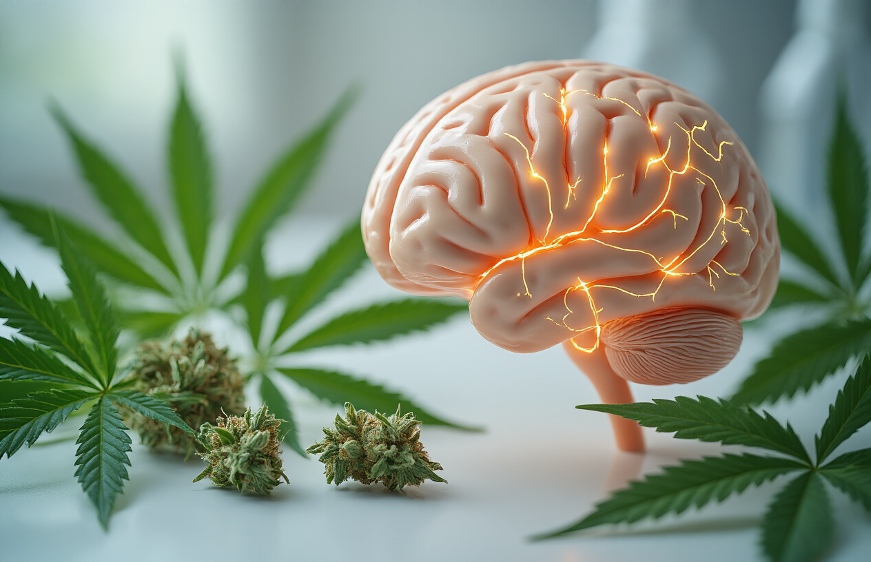Create a realistic image of a close-up view of a human brain model or anatomical illustration with highlighted neural pathways glowing softly, surrounded by green cannabis leaves and a few cannabis buds arranged artistically around the brain, set against a clean white laboratory or medical office background with soft, professional lighting that creates a scientific and educational atmosphere, with a subtle depth of field effect that keeps the brain as the main focus while the cannabis elements frame the composition naturally, absolutely NO text should be in the scene.