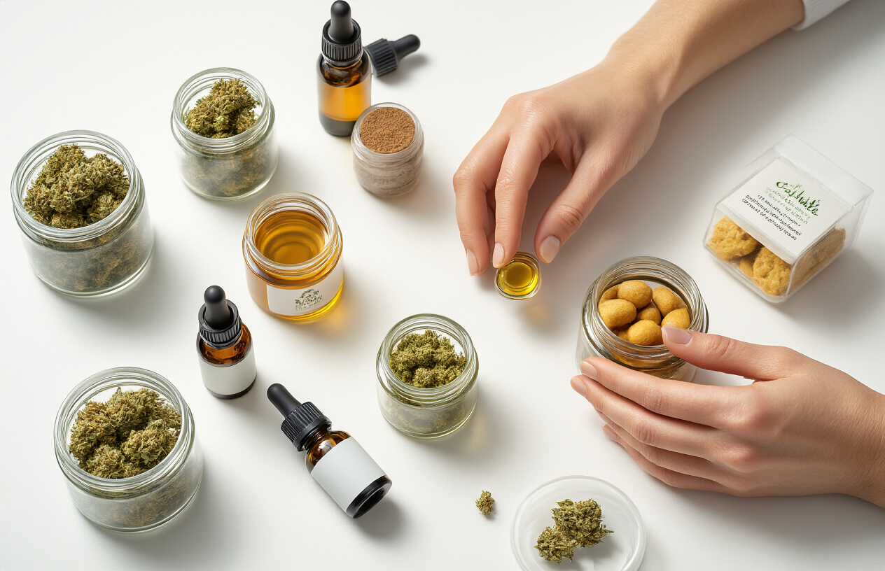 Create a realistic image of different cannabis products arranged on a clean white surface including various dried cannabis flower strains in small glass jars, cannabis oil tincture bottles, and edible products, with a person's hands carefully examining and comparing the products, soft natural lighting from above creating gentle shadows, professional and clinical atmosphere suggesting careful selection and consideration, focused and contemplative mood, Absolutely NO text should be in the scene.