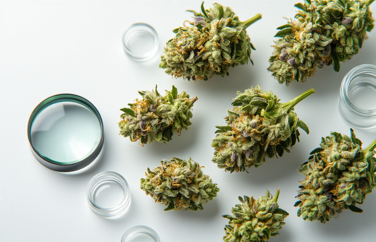 Create a realistic image of several premium cannabis buds with high THC content displayed on a clean white surface, with vibrant green and purple hues, crystal-clear trichomes glistening under soft natural lighting, surrounded by subtle laboratory equipment like a magnifying glass and small glass containers, conveying a scientific and professional atmosphere focused on mental clarity and cognitive enhancement, shot from a slightly elevated angle with shallow depth of field, absolutely NO text should be in the scene.