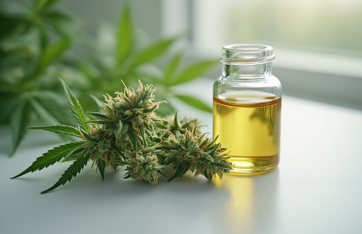 Create a realistic image of a close-up view of fresh green cannabis buds with visible trichomes and crystal-like resin glands, placed on a clean white laboratory table next to a small glass vial containing clear CBD oil, with soft natural lighting from a nearby window creating gentle shadows, conveying a clinical and professional atmosphere that emphasizes medicinal quality and purity, surrounded by subtle green plant leaves in the blurred background. Absolutely NO text should be in the scene.