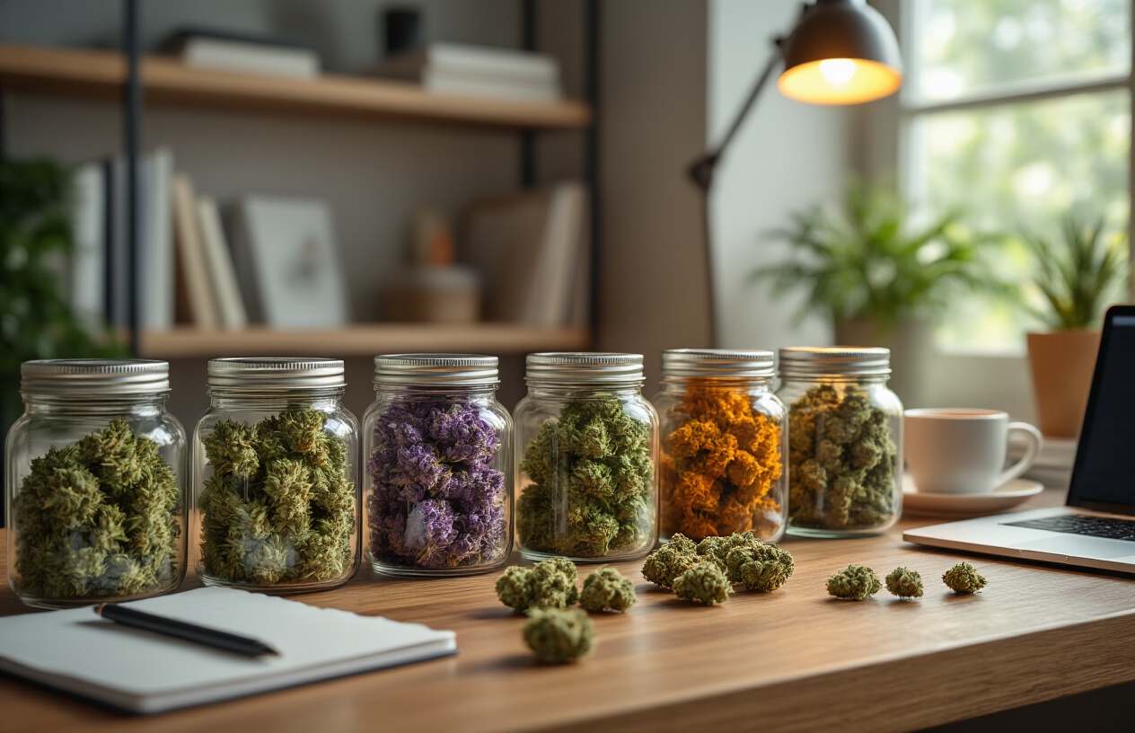 Create a realistic image of multiple distinct cannabis strains displayed on a modern wooden desk or table, with each strain in separate glass jars or containers, showing different colored and textured cannabis buds (green, purple, orange hues), accompanied by subtle study and work environment elements like an open laptop, notebooks, a coffee cup, and a desk lamp providing warm lighting, set against a clean, organized home office or study space background with soft natural lighting from a window, creating a professional and focused atmosphere, absolutely NO text should be in the scene.