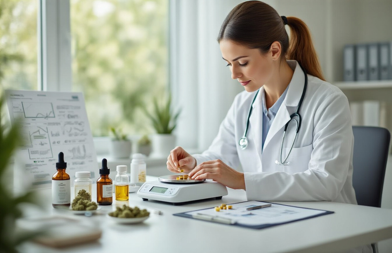 Create a realistic image of a clean, modern medical consultation setting with a white female healthcare professional in a white coat sitting at a desk, carefully measuring small amounts of cannabis products using a precise digital scale and measuring tools, with various cannabis products like tincture bottles and capsules neatly arranged on the desk, medical reference charts visible in the background, soft natural lighting from a window, conveying a professional and clinical atmosphere focused on safe dosing practices, absolutely NO text should be in the scene.