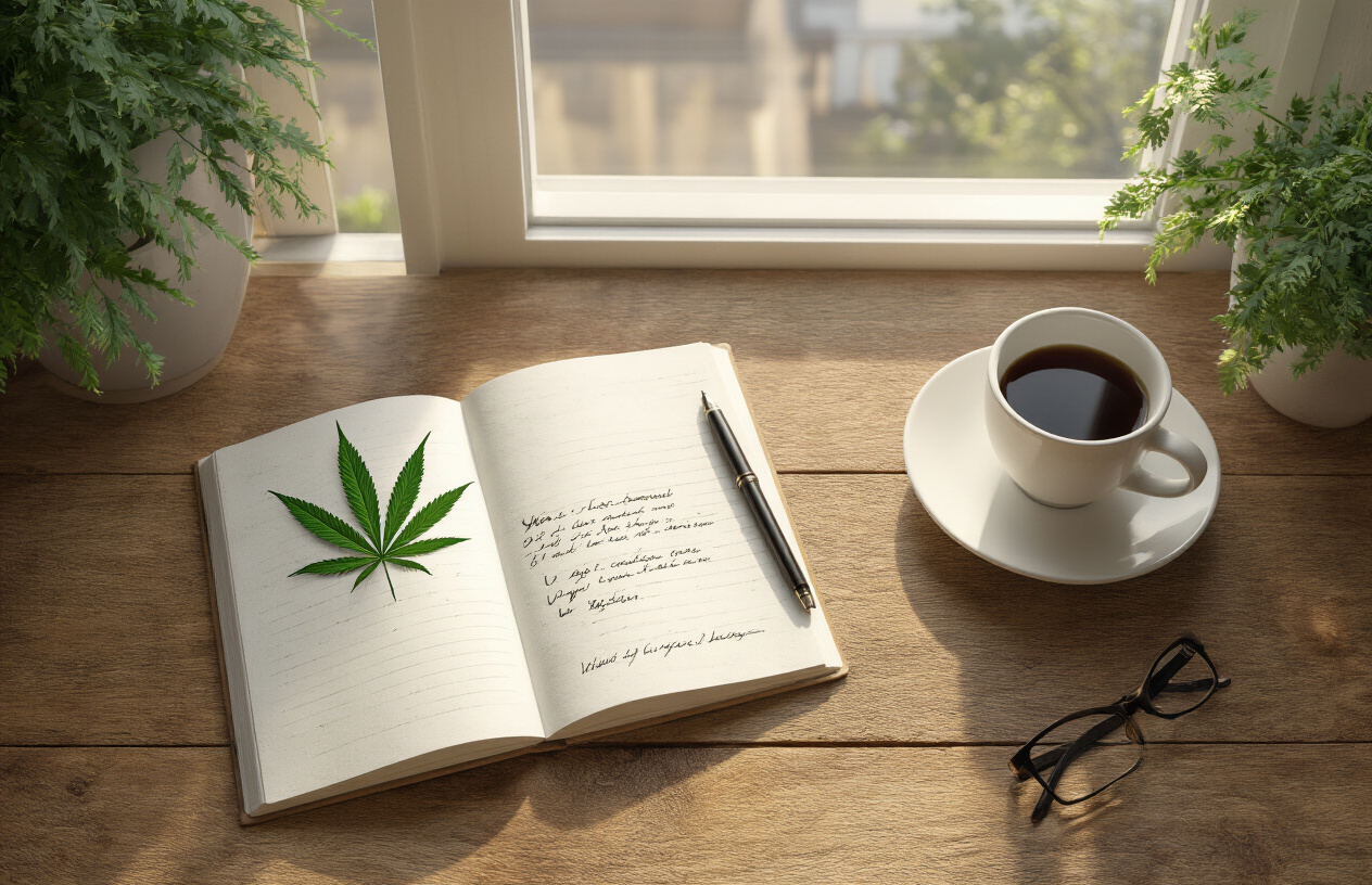 Create a realistic image of a clean, modern FAQ or consultation setting with a wooden desk featuring an open notebook with handwritten questions, a cannabis leaf placed naturally beside it, a cup of coffee, and reading glasses, shot from above with soft natural lighting streaming in from a window, creating a focused and educational atmosphere that suggests thoughtful inquiry and learning about cannabis use for concentration. Absolutely NO text should be in the scene.