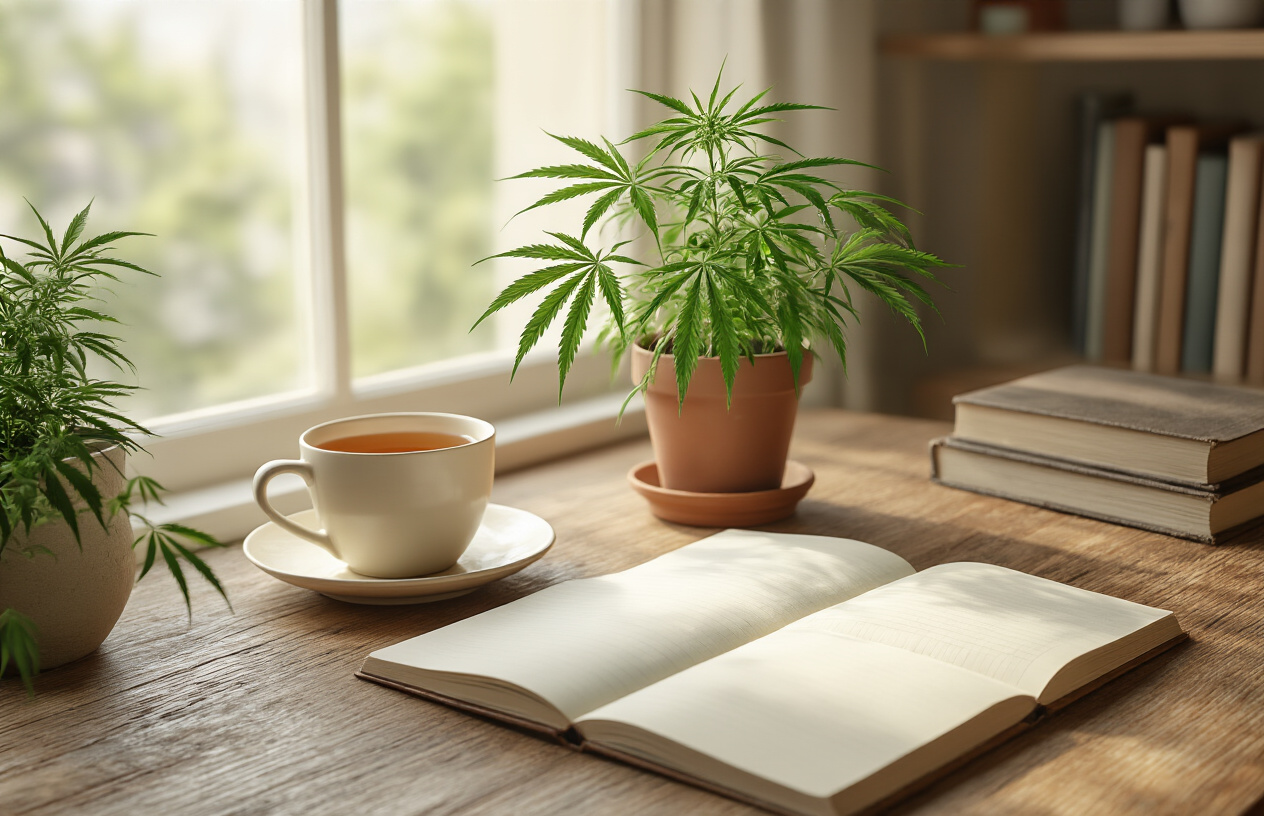 Create a realistic image of a peaceful workspace featuring a wooden desk with an open notebook, a cup of herbal tea, and a small potted cannabis plant with green leaves in soft natural lighting from a nearby window, with a calm and focused atmosphere suggesting mental clarity and concentration, complemented by subtle background elements like bookshelves and warm earth tones that convey productivity and wellness, absolutely NO text should be in the scene.