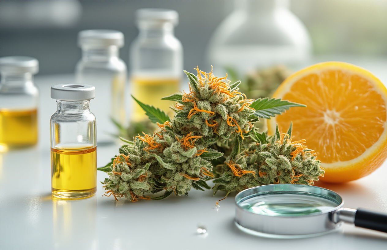 Create a realistic image of fresh cannabis buds with visible trichomes and orange hairs arranged on a clean white laboratory surface, with a cut orange or lemon in the foreground showing its citrus segments and releasing aromatic oils, complemented by small glass vials containing clear essential oils, scientific measuring tools, and a magnifying glass examining the cannabis flower structure, all set against a bright, sterile laboratory background with natural lighting that highlights the crystalline terpenes on the cannabis and the vibrant citrus oils, creating an educational and scientific mood that emphasizes the connection between cannabis terpenes and citrus compounds, absolutely NO text should be in the scene.