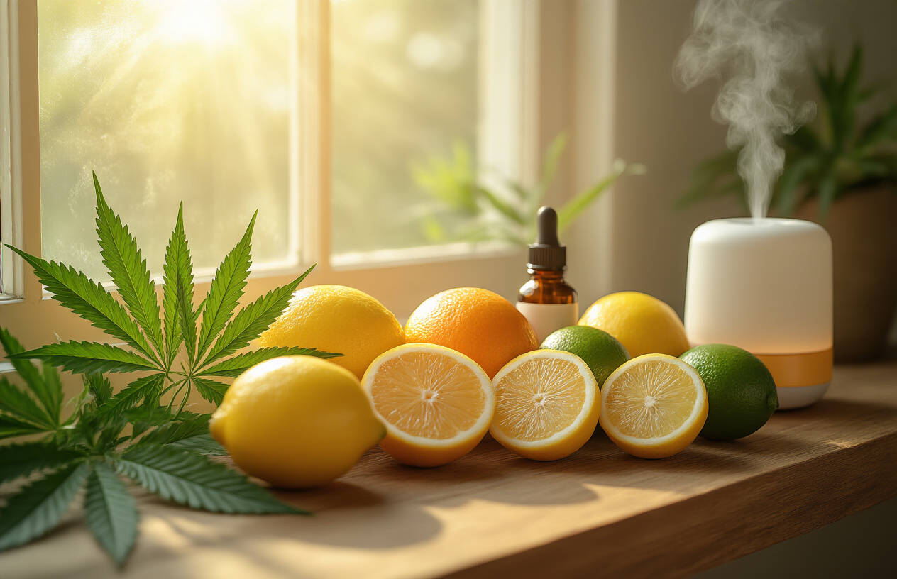 Create a realistic image of a serene wellness scene featuring fresh citrus fruits (lemons, oranges, limes) alongside green cannabis leaves arranged on a natural wooden surface, with soft golden sunlight streaming through a window creating warm, peaceful lighting, complemented by subtle wellness elements like essential oil bottles and a diffuser releasing gentle mist, all set against a clean, minimalist background that conveys health and natural healing, absolutely NO text should be in the scene.