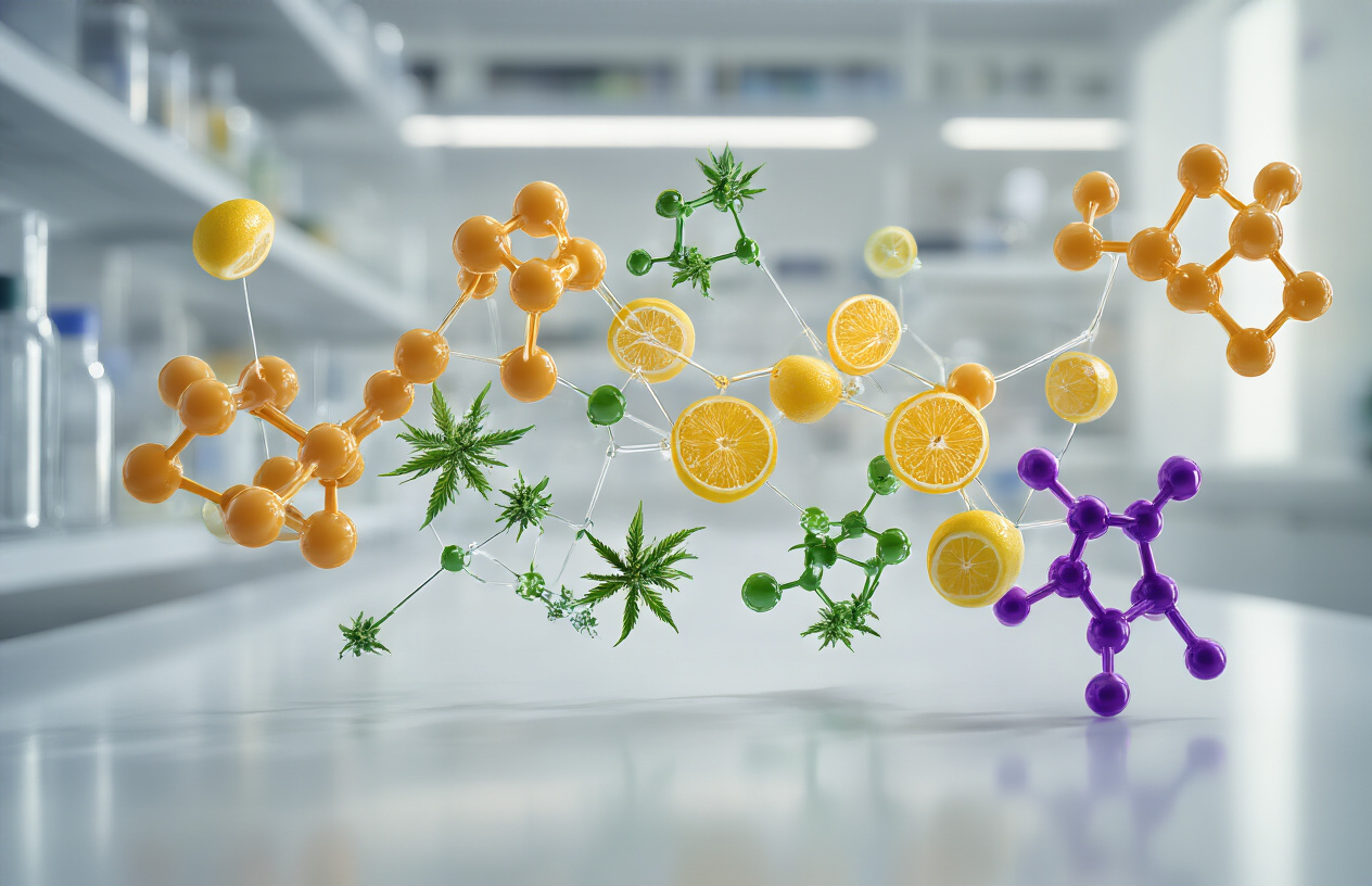 Create a realistic image of multiple interconnected molecular structures floating in a scientific laboratory setting, showing limonene molecules (represented as citrus-scented orange and yellow compounds) connecting and interacting with other cannabis compounds like THC and CBD molecules (shown in green and purple), with translucent connecting lines or bonds between them to illustrate synergistic interaction, set against a clean white laboratory background with soft, professional lighting that highlights the molecular details, absolutely NO text should be in the scene.