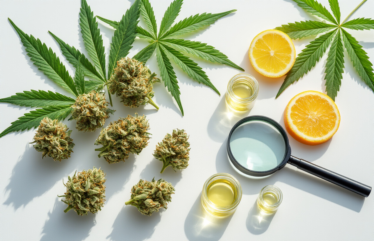 Create a realistic image of various cannabis buds and leaves arranged on a clean white surface with a magnifying glass positioned over one of the buds, alongside small glass vials containing clear essential oils with citrus peels (lemon, orange, lime) scattered nearby, bright natural lighting from above creating soft shadows, scientific and educational atmosphere suggesting strain analysis and terpene identification, absolutely NO text should be in the scene.