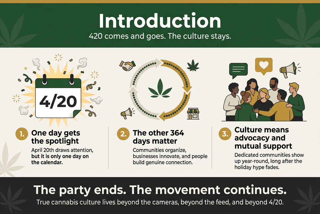 Create a clean, modern infographic illustration in a 3:2 aspect ratio, full-bleed layout, with no inset poster frame. Use a wide horizontal composition with three main content blocks across the center and a bold title band at the top. Style: professional editorial infographic, crisp vector shapes, subtle texture, high contrast, cannabis-culture palette of deep green, warm gold, off-white, charcoal, and soft black.

TOP HEADER:
Large bold heading centered at the top in a modern sans-serif font:
"Introduction"
Smaller subtitle directly underneath:
"420 comes and goes. The culture stays."

CENTER LEFT BLOCK:
A large calendar icon with the date "4/20" in bold, paired with a bright burst of celebration elements around it: confetti, small smoke swirls, and a few glowing sparks.
Text block beside it with a numbered label:
"1. One day gets the spotlight"
Smaller supporting text:
"April 20th draws attention, but it is only one day on the calendar."

CENTER MIDDLE BLOCK:
A circular year-round loop icon made of 364 small dots or arrows forming a complete ring, with small icons inside and around it: a handshake, a leaf, a megaphone, and a storefront.
Text block with a numbered label:
"2. The other 364 days matter"
Smaller supporting text:
"Communities organize, businesses innovate, and people build genuine connection."

CENTER RIGHT BLOCK:
A group of diverse people in a supportive community scene, with a speech bubble, a heart, and a megaphone icon above them.
Text block with a numbered label:
"3. Culture means advocacy and mutual support"
Smaller supporting text:
"Dedicated communities show up year-round, long after the holiday hype fades."

BOTTOM STRIP:
A wide closing statement bar spanning the lower third, with a strong bold line of text:
"The party ends. The movement continues."
Under it, smaller text:
"True cannabis culture lives beyond the cameras, beyond the feed, and beyond 4/20."

DESIGN DETAILS:
Use clear section dividers, numbered markers in gold circles, and strong visual hierarchy. Keep text legible and minimal. Use a balanced layout with wide spacing, not a vertical stack. Add subtle cannabis leaf motifs as background accents, faint and tasteful. Use bold sans-serif headings, clean regular-weight body text, and high-contrast typography on light backgrounds with dark text.