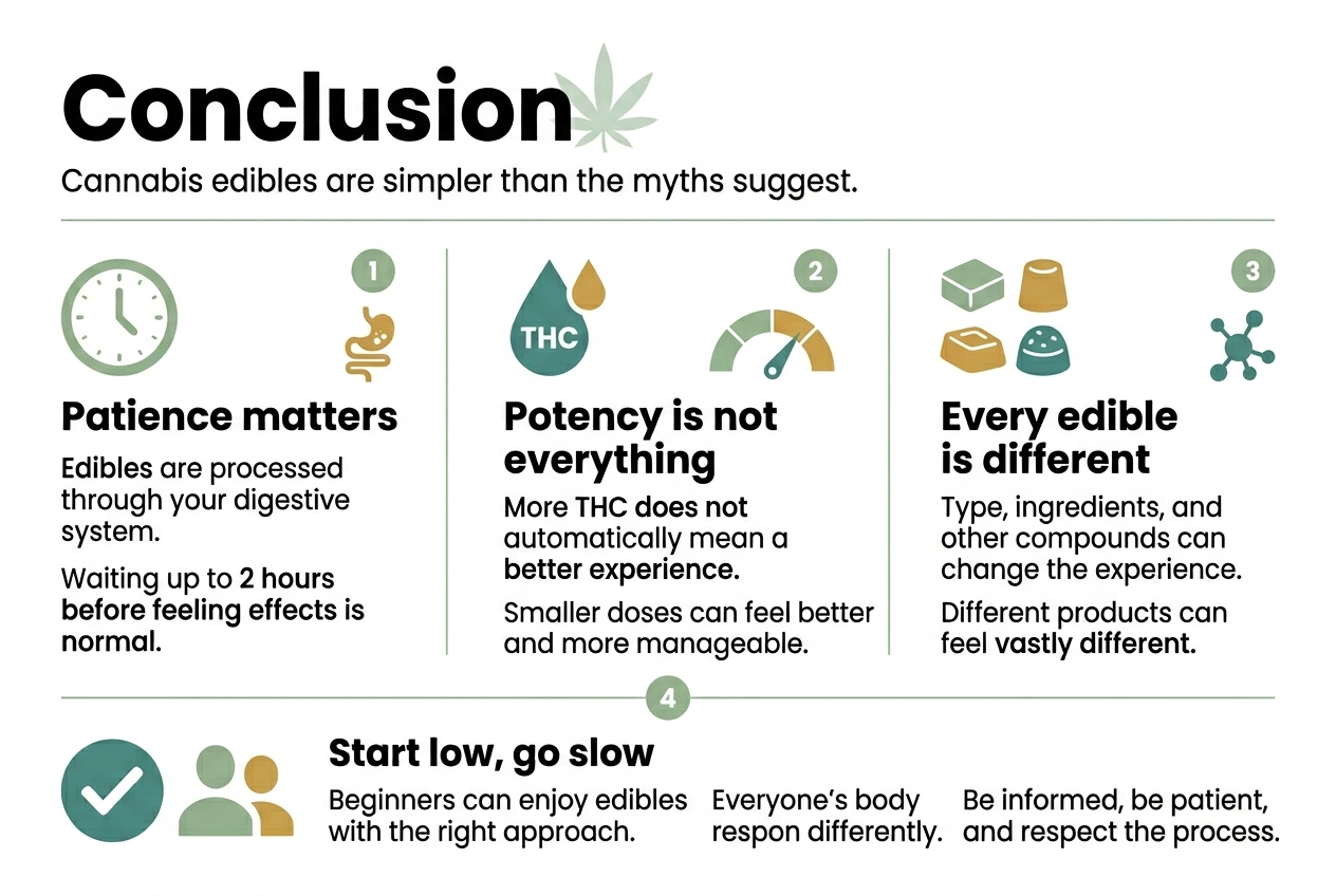 You will be analyzing content and creating an image prompt for an infographic illustration.
Your task is to:
1. Analyze the content and identify the key points that should be visualized in an infographic
2. Create a detailed image prompt that will generate an infographic illustration representing this content
Here is the content to analyze:
<content>
Aspect Ratio: 3:2
Title: Conclusion
Cannabis edibles have earned a reputation wrapped in confusion, but the truth is much simpler than the myths suggest. The biggest misconceptions come down to patience, potency, and personal experience. Edibles work differently than smoking because they're processed through your digestive system, which means waiting up to two hours before feeling effects is totally normal. More THC doesn't automatically equal a better time, and different types of edibles can create vastly different experiences depending on how they're made and what other compounds they contain.
The real key to enjoying edibles safely is starting low, going slow, and understanding that everyone's body responds differently. These products aren't just for cannabis veterans - beginners can absolutely enjoy them with the right approach and realistic expectations. Next time you're considering edibles, remember that the best experience comes from being informed, patient, and respecting the process rather than rushing into higher doses or believing outdated myths.
</content>
IMPORTANT: Image generators will draw everything you write in the image prompt literally. Therefore, your image prompt must contain ONLY the exact visual design specifications and content to be displayed. Do not include explanations, reasoning, or any text that shouldn't appear in the actual infographic.
Before writing your image prompt, analyze the content:
- Identify the main topic or theme
- Extract major milestones/key highlights from the content
- Plan the hierarchy of information (heading, subheadings, body text)
Your image prompt must specify:
DESIGN REQUIREMENTS:
- IMAGE RATIO: Use the aspect ratio specified in the input; if none is provided, default to 9:16.
- Include a clear, bold heading at the top
- Organize content using numbered points, blocks, or sections
- Specify icons, markers, or visual symbols for each key point
- Use a clean, professional layout
- Use a full-bleed layout; no vertical poster frame layout or inset margins.
- Avoid narrow, centered vertical stacks; use multi-column or wide horizontal sections instead
- Specify colors, fonts, and visual hierarchy
- Include only text that should actually appear in the infographic
- Specify exact placement of elements (top, center, left side, etc.)
FORMAT REQUIREMENTS:
- Write as a direct description of what should be drawn/created
- Be specific about visual elements: "A blue circular icon with a checkmark" not "an icon representing success"
- Specify exact text to include in quotes
- Do not include phrases like "this represents" or "to illustrate" - only describe what should be visible
- Keep it concise but complete
OUTPUT:
Write your final image prompt inside <image_prompt> tags.