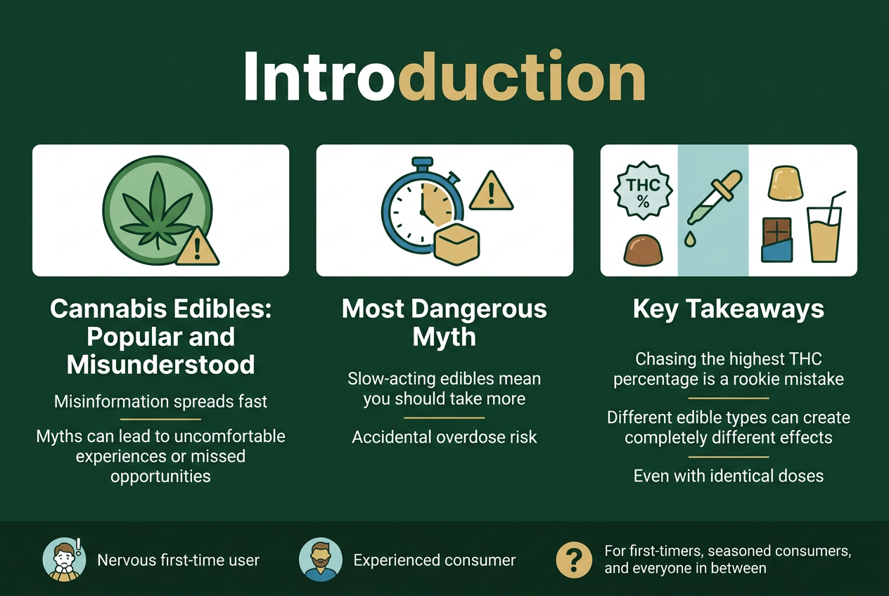 Create a clean, modern full-bleed infographic illustration in a 3:2 aspect ratio with a wide horizontal layout, no poster frame, no inset margins. Use a professional cannabis education style with a deep green, teal, white, and soft gold color palette, crisp sans-serif typography, strong visual hierarchy, and simple flat vector icons.
Top center: large bold heading text in white and gold: "Introduction"
Below the heading, arrange three wide horizontal content blocks across the page with balanced spacing, not a narrow vertical stack.
Left block: a green circular icon with a cannabis leaf and warning symbol. Add bold subheading text: "Cannabis Edibles: Popular and Misunderstood" and smaller body text: "Misinformation spreads fast" and "Myths can lead to uncomfortable experiences or missed opportunities"
Center block: a blue and gold dosing icon showing a delayed clock, a small edible, and a caution triangle. Add bold subheading text: "Most Dangerous Myth" and body text: "Slow-acting edibles mean you should take more" and "Accidental overdose risk"
Right block: a split icon row with a THC percentage badge, a dosage dropper, and three different edible forms: gummy, chocolate square, and drink. Add bold subheading text: "Key Takeaways" and body text in three short lines: "Chasing the highest THC percentage is a rookie mistake" "Different edible types can create completely different effects" "Even with identical doses"
Add a subtle audience strip along the bottom with three small icons and labels spaced horizontally: a nervous first-time user, an experienced consumer, and a question mark with the text: "For first-timers, seasoned consumers, and everyone in between"
Use clean alignment, clear section dividers, high contrast text, and a polished editorial infographic look.