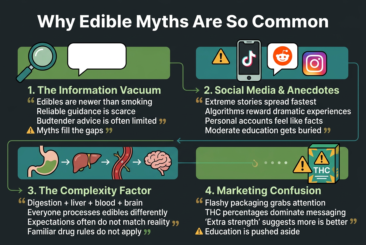 Aspect ratio 3:2, full-bleed infographic illustration, clean professional modern design, wide horizontal layout with no border frame, no narrow vertical stack. Dark charcoal background with cannabis-green, teal, amber, and white accents, bold sans-serif typography, strong visual hierarchy.
Top center large bold title text: "Why Edible Myths Are So Common"
Below the title, create four wide horizontal sections in a 2x2 grid with numbered headers, each section with a clear icon and short body text:
1) Top left section with a magnifying glass and empty speech bubble icon.
Header text: "1. The Information Vacuum"
Body text in smaller readable lines:
"Edibles are newer than smoking"
"Reliable guidance is scarce"
"Budtender advice is often limited"
"Myths fill the gaps"
2) Top right section with social media icons: TikTok-style phone, Reddit speech bubble, Instagram camera.
Header text: "2. Social Media & Anecdotes"
Body text:
"Extreme stories spread fastest"
"Algorithms reward dramatic experiences"
"Personal accounts feel like facts"
"Moderate education gets buried"
3) Bottom left section with a digestive system flow icon showing stomach, liver, bloodstream, and brain connected by arrows.
Header text: "3. The Complexity Factor"
Body text:
"Digestion + liver + blood + brain"
"Everyone processes edibles differently"
"Expectations often do not match reality"
"Familiar drug rules do not apply"
4) Bottom right section with a flashy product box icon labeled with a warning triangle and large THC numbers.
Header text: "4. Marketing Confusion"
Body text:
"Flashy packaging grabs attention"
"THC percentages dominate messaging"
"‘Extra strength’ suggests more is better"
"Education is pushed aside"
Add a thin connecting line or subtle arrow flow between the four sections to show how myths spread. Include small warning symbols and quote marks around key myth phrases. Use white text on dark background, green and amber highlights, clean spacing, aligned blocks, infographic style, sharp vector shapes, minimal shadows, high readability.