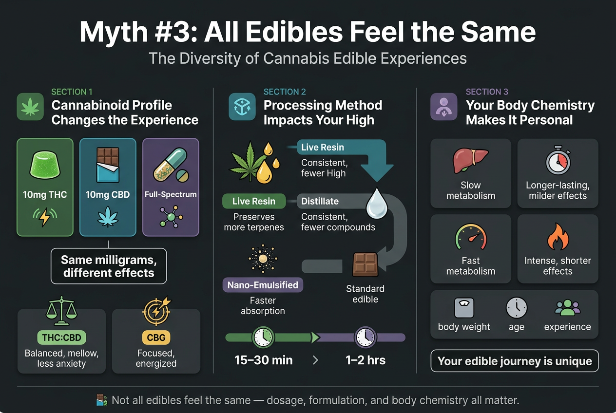 Create a clean, modern full-bleed infographic in a 3:2 landscape aspect ratio about cannabis edible differences. Use a dark charcoal background with green, teal, purple, and gold accents, crisp white text, and a professional sans-serif font with bold headings. Place a large bold title across the top: "Myth #3: All Edibles Feel the Same" with a smaller subtitle underneath: "The Diversity of Cannabis Edible Experiences".
Organize the infographic into 3 wide horizontal sections across the page, each with a clear numbered heading and matching icon.
SECTION 1 on the left-center wide panel:
Heading: "1. Cannabinoid Profile Changes the Experience"
Use three side-by-side product cards with icons: a green gummy labeled "10mg THC" with an energized wave icon, a blue chocolate bar labeled "10mg CBD" with a calm leaf icon, and a mixed cannabinoid capsule labeled "Full-Spectrum" with a molecule icon.
Add a comparison note in a bold callout box: "Same milligrams, different effects"
Include a small 1:1 THC:CBD badge with a balanced scale icon and text: "Balanced, mellow, less anxiety"
Include a CBG badge with a focused lightning/target icon and text: "Focused, energized"
SECTION 2 in the center wide panel:
Heading: "2. Processing Method Impacts Your High"
Use a left-to-right flow layout with three labeled blocks and icons:
A small cannabis plant and terpene droplets icon labeled "Live Resin" with text: "Preserves more terpenes"
A clear consistency droplet icon labeled "Distillate" with text: "Consistent, fewer compounds"
A tiny particle burst icon labeled "Nano-Emulsified" with text: "Faster absorption"
Under these, include a timeline strip with clock icons and bold labels:
"15–30 min" under nano-emulsified
"1–2 hrs" under a standard edible
Add a small arrow between them to show faster onset.
SECTION 3 on the right-center wide panel:
Heading: "3. Your Body Chemistry Makes It Personal"
Use three portrait-style infographic blocks with simple icons:
A liver icon with text: "Slow metabolism"
A stopwatch icon with text: "Longer-lasting, milder effects"
A speedometer icon with text: "Fast metabolism"
A flame icon with text: "Intense, shorter effects"
Add a final small cluster of icons for "body weight", "age", and "experience" with short labels underneath.
Include a concluding callout box at the bottom right with bold text: "Your edible journey is unique"
Add a thin footer band across the bottom with a simple summary line and small icons:
"Not all edibles feel the same — dosage, formulation, and body chemistry all matter."
Use clean spacing, strong visual hierarchy, subtle shadows, rounded rectangles, and avoid vertical poster framing. Keep all text legible and only include the exact phrases shown.