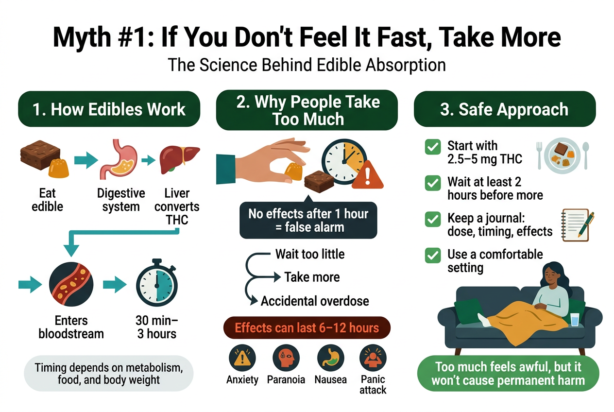 Create a clean, professional full-bleed infographic illustration in 3:2 aspect ratio with a wide horizontal layout, modern flat vector style, white background with deep green, teal, amber, and dark charcoal accents, bold sans-serif typography, clear hierarchy, and no inset frame.
Top center: large bold title text: "Myth #1: If You Don’t Feel It Fast, Take More"
Directly below the title, smaller subtitle text: "The Science Behind Edible Absorption"
Main layout: three wide horizontal sections across the page, each with a bold section heading, numbered marker, and icons.
Left section:
Heading text: "1. How Edibles Work"
Show a horizontal flow of icons and arrows:
- a brownie and gummy icon
- a stomach icon
- a liver icon
- a bloodstream icon
- a timer icon
Place short labels beneath each icon:
"Eat edible"
"Digestive system"
"Liver converts THC"
"Enters bloodstream"
"30 min–3 hours"
Add a small note under the flow in a rounded text box: "Timing depends on metabolism, food, and body weight"
Use teal arrows connecting the icons.
Center section:
Heading text: "2. Why People Take Too Much"
Show a warning-style visual with a hand reaching for another gummy or brownie, plus a clock and alert triangle.
Add a bold callout box with text: "No effects after 1 hour = false alarm"
Below it, use a simple downward chain or loop with labels:
"Wait too little"
"Take more"
"Accidental overdose"
Add a dark red/orange emphasis box with text: "Effects can last 6–12 hours"
Add small icons for anxiety, paranoia, nausea, and panic attack.
Right section:
Heading text: "3. Safe Approach"
Show a checklist layout with green check icons and clear labels:
"Start with 2.5–5 mg THC"
"Wait at least 2 hours before more"
"Keep a journal: dose, timing, effects"
"Use a comfortable setting"
Include a small plate icon with food nearby and a notebook icon for journaling.
Add a calm person sitting on a couch with a blanket and water glass.
At the bottom of this section, place a reassuring green banner with text: "Too much feels awful, but it won’t cause permanent harm"
Use strong visual hierarchy, clean spacing, crisp iconography, and readable text. Keep the composition wide and balanced with three large content blocks across the canvas.