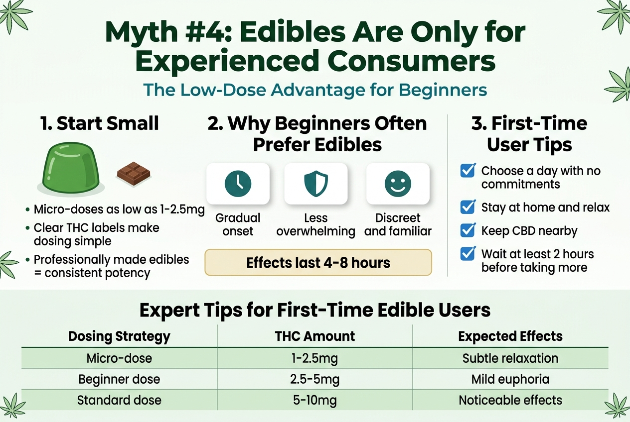 Full-bleed horizontal infographic, aspect ratio 3:2, clean modern professional design, cannabis education theme, white background with deep green, teal, and soft gold accents, bold sans-serif typography, clear visual hierarchy, no border frame, wide layout with multi-column sections.
Top header across full width:
Large bold title in dark green text: "Myth #4: Edibles Are Only for Experienced Consumers"
Smaller subtitle below in teal: "The Low-Dose Advantage for Beginners"
Main content arranged in three wide sections across the canvas:
Left section, titled in bold: "1. Start Small"
Place a large green gummy icon and a tiny chocolate square icon beside the text.
Include short bullet text:
"Micro-doses as low as 1-2.5mg"
"Clear THC labels make dosing simple"
"Professionally made edibles = consistent potency"
Center section, titled in bold: "2. Why Beginners Often Prefer Edibles"
Use three horizontal icon cards with simple symbols:
A clock icon with text: "Gradual onset"
A shield icon with text: "Less overwhelming"
A smile icon with text: "Discreet and familiar"
Below the cards, add a highlighted line in a pale gold box:
"Effects last 4-8 hours"
Right section, titled in bold: "3. First-Time User Tips"
Use a checklist layout with blue check icons:
"Choose a day with no commitments"
"Stay at home and relax"
"Keep CBD nearby"
"Wait at least 2 hours before taking more"
Bottom strip across the full width as a simple 3-column dosing table with thin lines and alternating light green rows.
Table heading in bold: "Expert Tips for First-Time Edible Users"
Column labels:
"Dosing Strategy"
"THC Amount"
"Expected Effects"
Rows:
"Micro-dose | 1-2.5mg | Subtle relaxation"
"Beginner dose | 2.5-5mg | Mild euphoria"
"Standard dose | 5-10mg | Noticeable effects"
Add small cannabis leaf outline accents in corners, subtle drop shadows, plenty of spacing, balanced composition, legible infographic text, crisp vector style, polished educational editorial design.