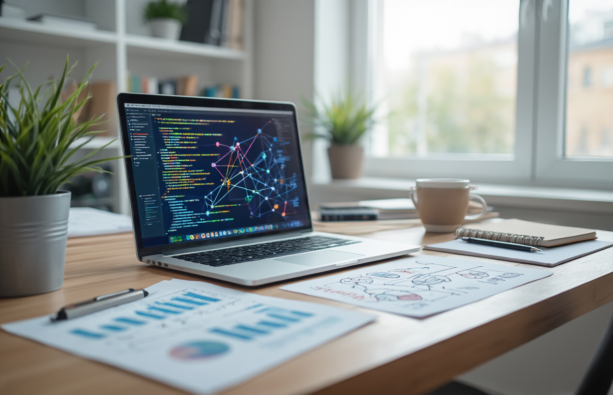 Create a realistic image of a modern office desk with an open laptop displaying colorful network diagrams and interconnected nodes representing website topic relationships, surrounded by printed competitor analysis reports, a notepad with hand-drawn mind maps, and SEO analysis charts, with a clean white background and bright natural lighting from a nearby window, professional business atmosphere, absolutely NO text should be in the scene.