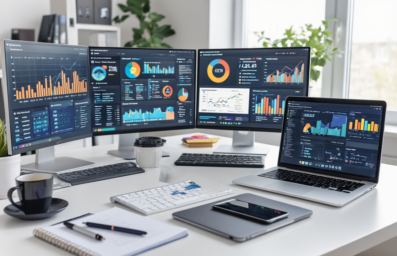 Create a realistic image of various digital marketing and SEO analysis tools displayed on a modern desk setup, featuring multiple computer monitors showing colorful data visualizations, charts, and website analytics dashboards, with a sleek laptop, smartphone, and tablet arranged around the workspace, complemented by notebooks, pens, and a coffee cup, set against a clean modern office background with soft natural lighting from a window, creating a professional and focused atmosphere for competitor research and analysis work, Absolutely NO text should be in the scene.