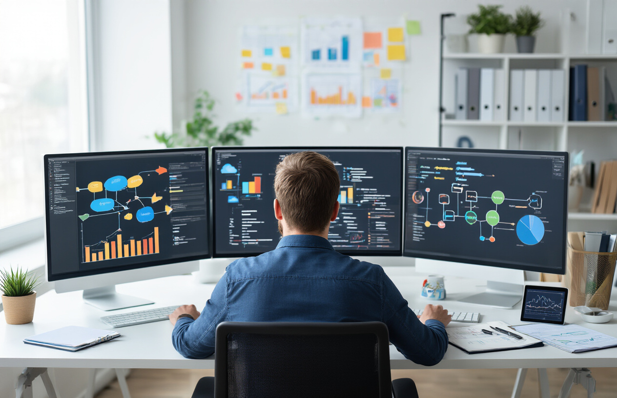 Create a realistic image of a white male professional sitting at a modern desk with multiple computer monitors displaying colorful flowcharts, mind maps, and hierarchical diagrams with connected nodes and branches, surrounded by notebooks with hand-drawn strategy diagrams, a tablet showing analytics graphs, and organized file folders, in a clean contemporary office environment with natural lighting from a window, conveying focused analytical work and strategic planning atmosphere, absolutely NO text should be in the scene.