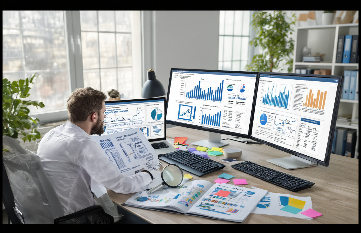 Create a realistic image of a focused white male marketing analyst sitting at a modern desk with dual computer monitors displaying detailed website analytics dashboards and content comparison charts, surrounded by printed competitor analysis reports and colorful sticky notes, with a magnifying glass positioned over document pages showing content quality metrics, in a bright contemporary office environment with natural lighting from a window, conveying a professional research atmosphere. Absolutely NO text should be in the scene.