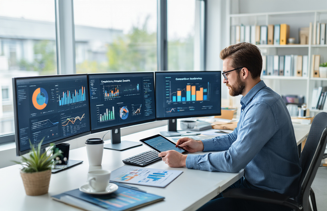 Create a realistic image of a professional workspace showing the transformation of competitor analysis into actionable SEO strategy, featuring a sleek desk with multiple monitors displaying competitor website analytics, colorful data visualizations, keyword research charts, and strategic planning documents, with a white male digital marketer in business casual attire analyzing the data and taking notes on a tablet, surrounded by organized folders, coffee cup, and modern office supplies, set in a bright contemporary office environment with natural lighting from large windows, conveying focus and strategic planning, absolutely NO text should be in the scene.