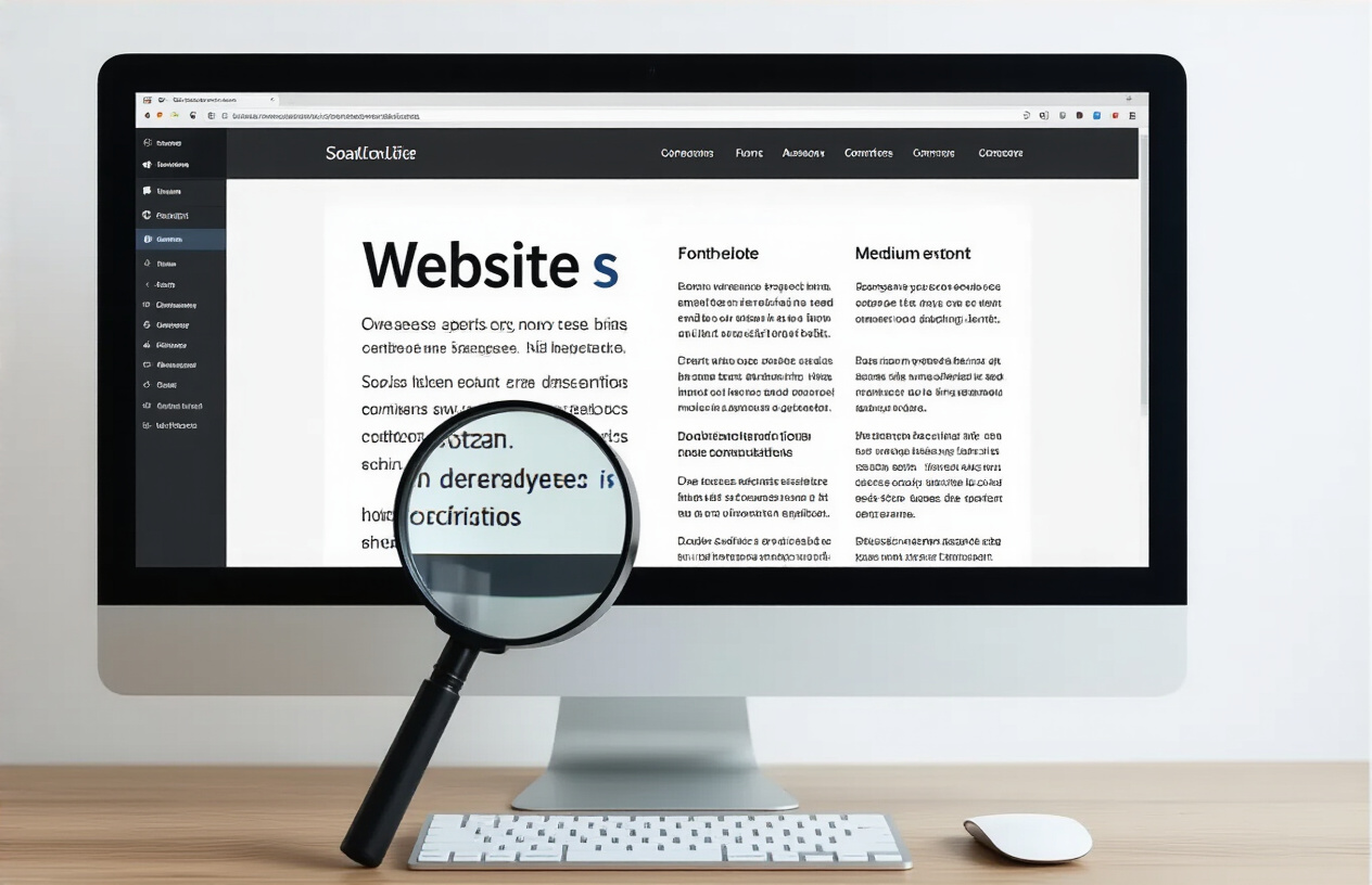 Create a realistic image of a close-up view of a computer monitor displaying a website with varying font sizes, showing different text blocks in small, medium, and large fonts to demonstrate readability differences, with a clean white background, soft natural lighting, and a magnifying glass positioned over one section of the screen to emphasize the examination of font size impact, absolutely NO text should be in the scene.