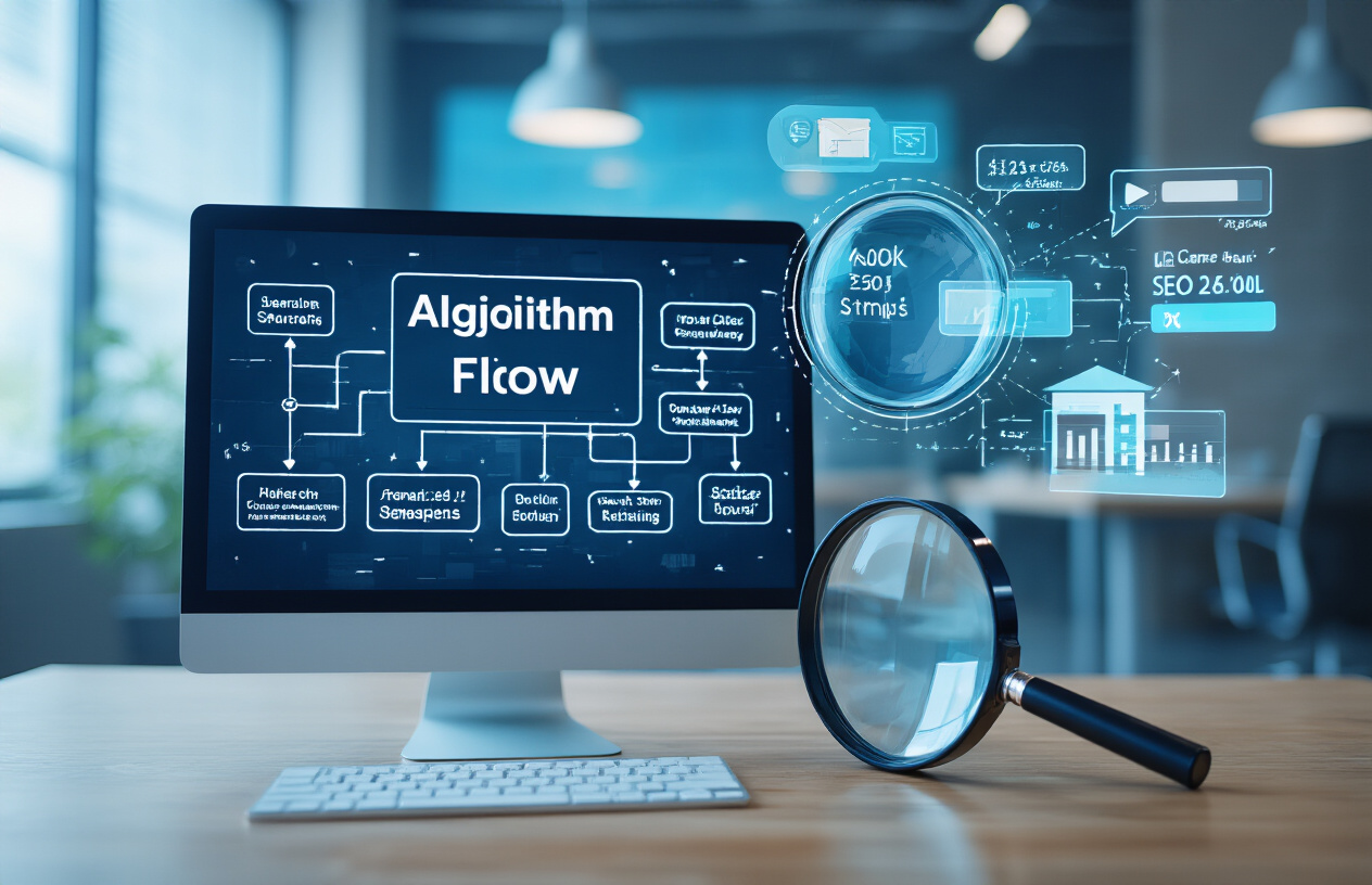 Create a realistic image of a computer screen displaying a search engine algorithm flowchart with interconnected nodes and data pathways, alongside a magnifying glass hovering over website typography samples showing different font sizes, with digital ranking indicators and SEO metrics floating in the background, set in a modern office environment with soft blue lighting, absolutely NO text should be in the scene.