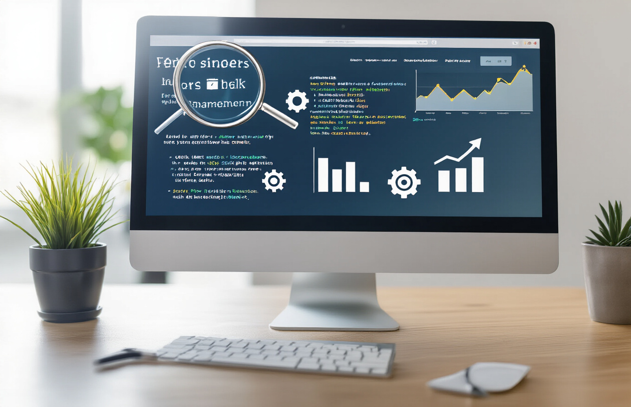 Create a realistic image of a modern computer monitor displaying a website with clearly visible font elements and technical optimization symbols, featuring magnifying glass icons highlighting different font sizes, gear icons representing technical settings, upward trending arrows symbolizing SEO improvements, and subtle coding elements in the background, all set in a clean professional workspace environment with soft natural lighting, absolutely NO text should be in the scene.
