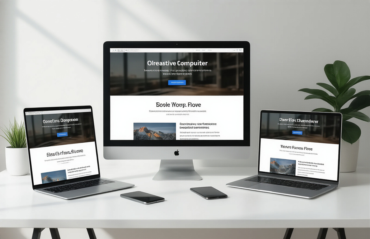 Create a realistic image of multiple modern devices including a desktop computer monitor, laptop, tablet, and smartphone arranged on a clean white desk surface, each device displaying the same webpage with clearly different font sizes optimized for their respective screen sizes, with soft natural lighting from the left side creating subtle shadows, and a minimalist office environment in the background, absolutely NO text should be in the scene.