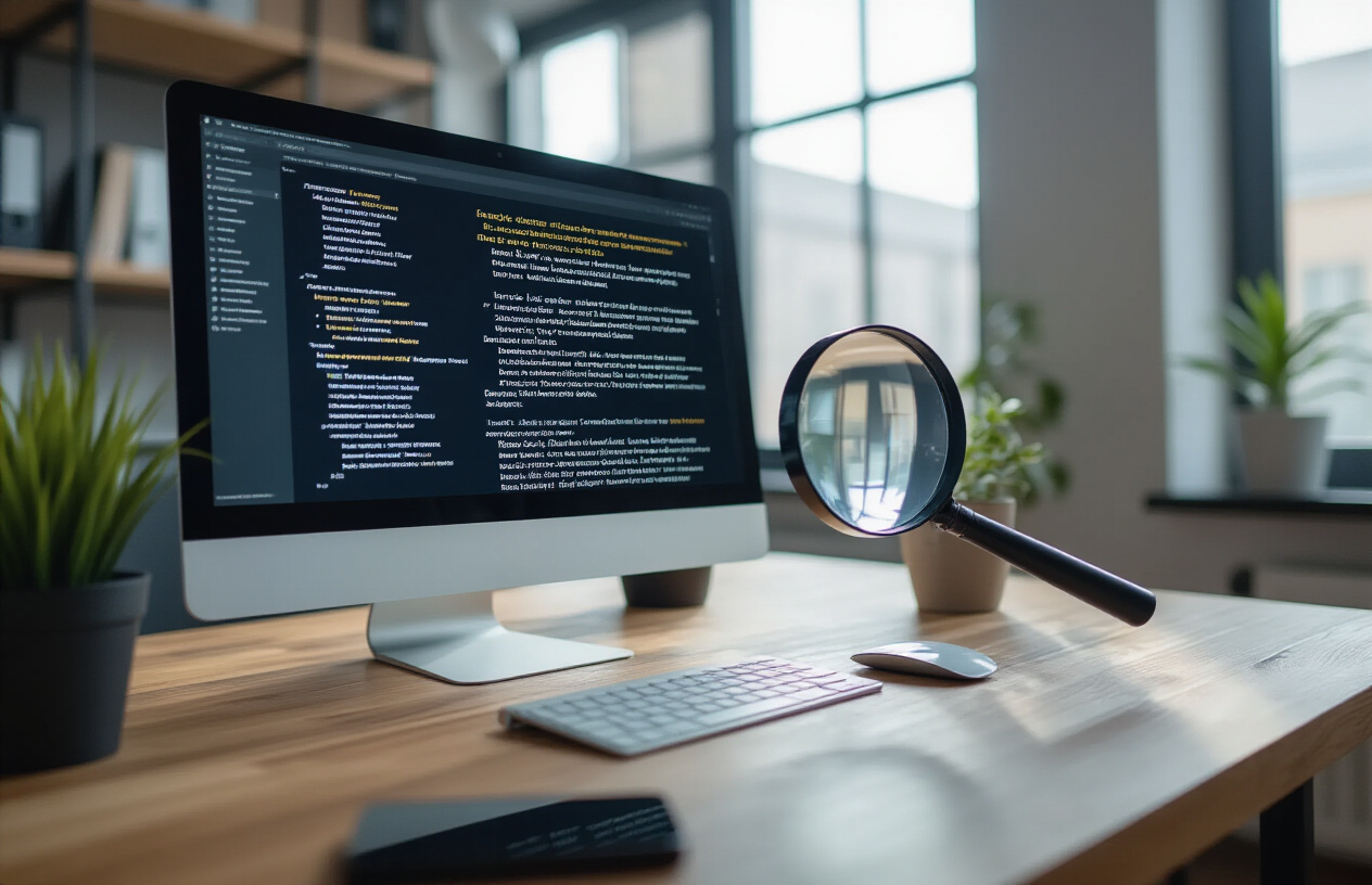 Create a realistic image of a computer screen displaying a website with various font sizes that are clearly problematic - some text extremely small and barely readable, other text oversized and overwhelming, creating a chaotic and unprofessional appearance, with a magnifying glass positioned over the small text emphasizing readability issues, set against a modern office desk with soft natural lighting from a nearby window, conveying frustration and poor user experience through the disorganized typography layout, absolutely NO text should be in the scene.