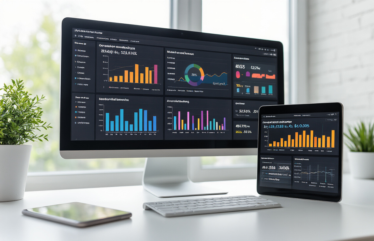 Create a realistic image of a modern computer monitor displaying website analytics dashboard with font size performance metrics, colorful graphs and charts showing readability statistics, a smartphone and tablet placed nearby showing the same website with different font sizes, a digital ruler or measurement tool overlay indicating text dimensions, clean white desk surface, soft natural lighting from a window, professional office environment background, focus on data visualization and web typography testing tools, Absolutely NO text should be in the scene.