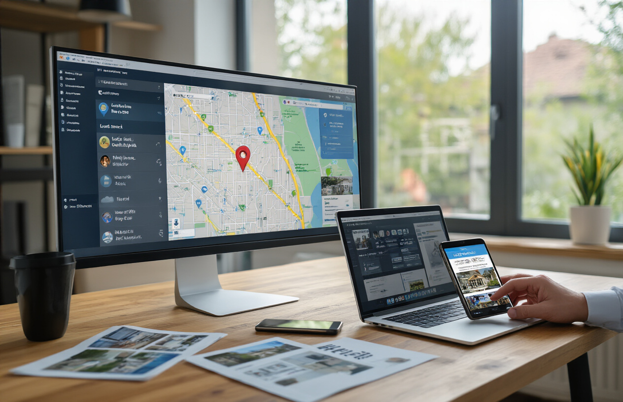 Local SEO for Real Estate Agents to Boost Online Visibility and Generate More Leads 3 Create a realistic image of a professional white male real estate agent in a modern office setting studying local SEO concepts on a laptop computer, with a large monitor displaying a map with location pins and search result rankings, real estate property photos scattered on a clean wooden desk, a smartphone showing local business listings, natural lighting from a window, professional and focused atmosphere, Absolutely NO text should be in the scene.