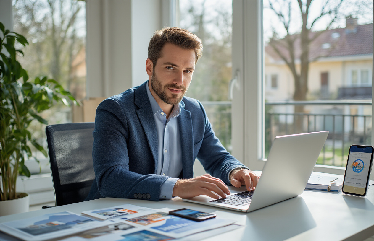 Local SEO for Real Estate Agents to Boost Online Visibility and Generate More Leads 4 Create a realistic image of a white male real estate agent in his 30s sitting at a modern desk with a laptop computer, actively managing his Google Business Profile on the screen, surrounded by real estate marketing materials, business cards, and a smartphone displaying location services, in a professional office setting with large windows showing a residential neighborhood view, bright natural lighting creating a productive atmosphere, with the agent appearing focused and engaged in optimizing his online presence, Absolutely NO text should be in the scene.