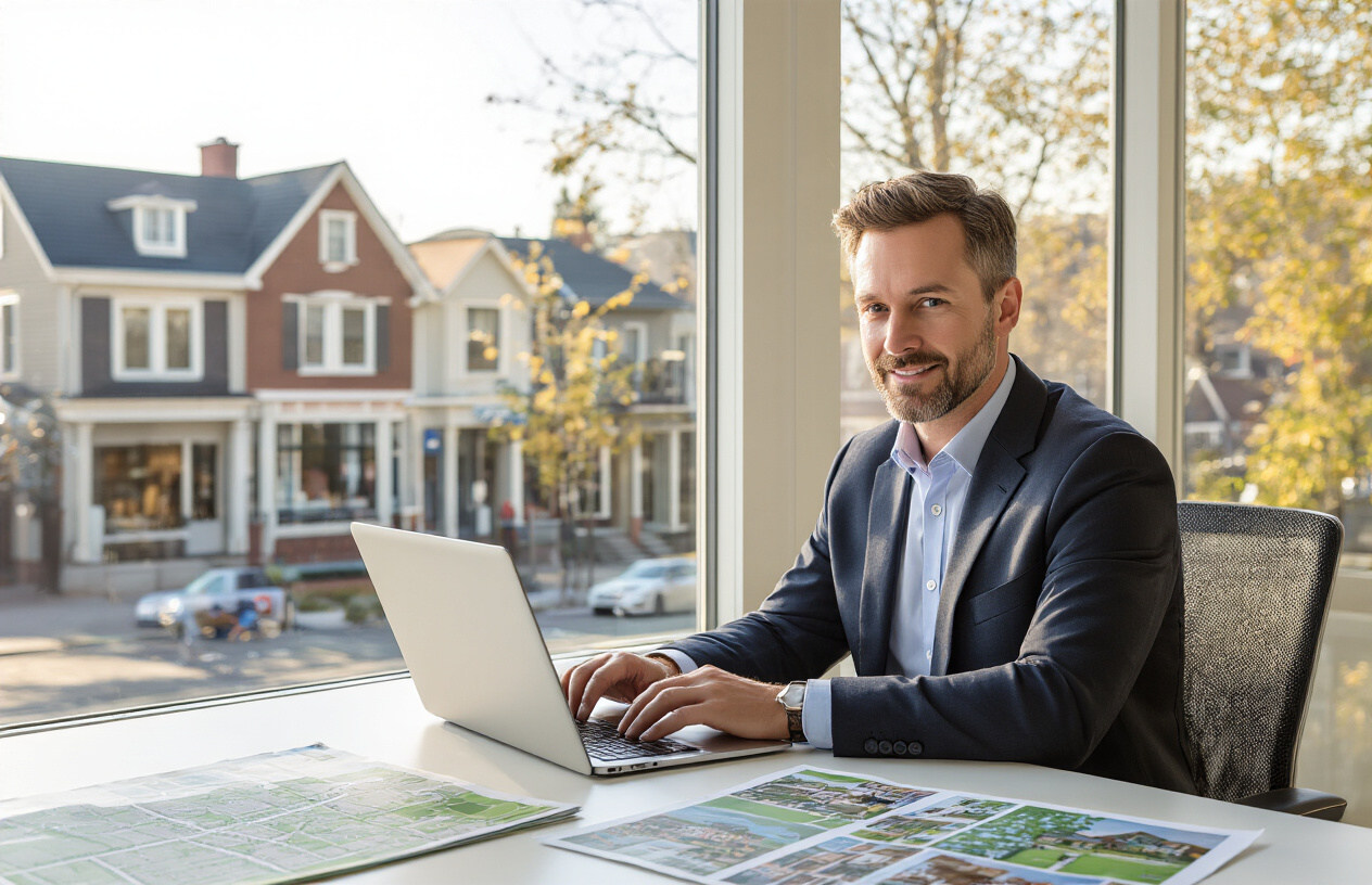 Local SEO for Real Estate Agents to Boost Online Visibility and Generate More Leads 5 Create a realistic image of a white male real estate agent in a professional suit sitting at a modern desk with a laptop open, working on creating neighborhood-specific content, with local landmarks visible through a large window behind him including residential houses, a local coffee shop, and tree-lined streets, warm natural lighting streaming through the window creating a productive work atmosphere, with local area maps and property brochures scattered on the desk, shot from a side angle showing both the agent and the community view outside. Absolutely NO text should be in the scene.