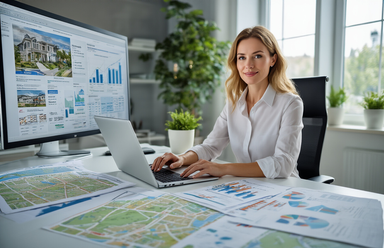 Local SEO for Real Estate Agents to Boost Online Visibility and Generate More Leads 6 Create a realistic image of a professional white female real estate agent sitting at a modern desk with a laptop computer, surrounded by local area maps, neighborhood property listings, and research documents spread across the workspace, with a large monitor displaying search analytics and location-based data visualizations in the background, set in a bright contemporary office environment with natural lighting from large windows, conveying focus and strategic planning. Absolutely NO text should be in the scene.