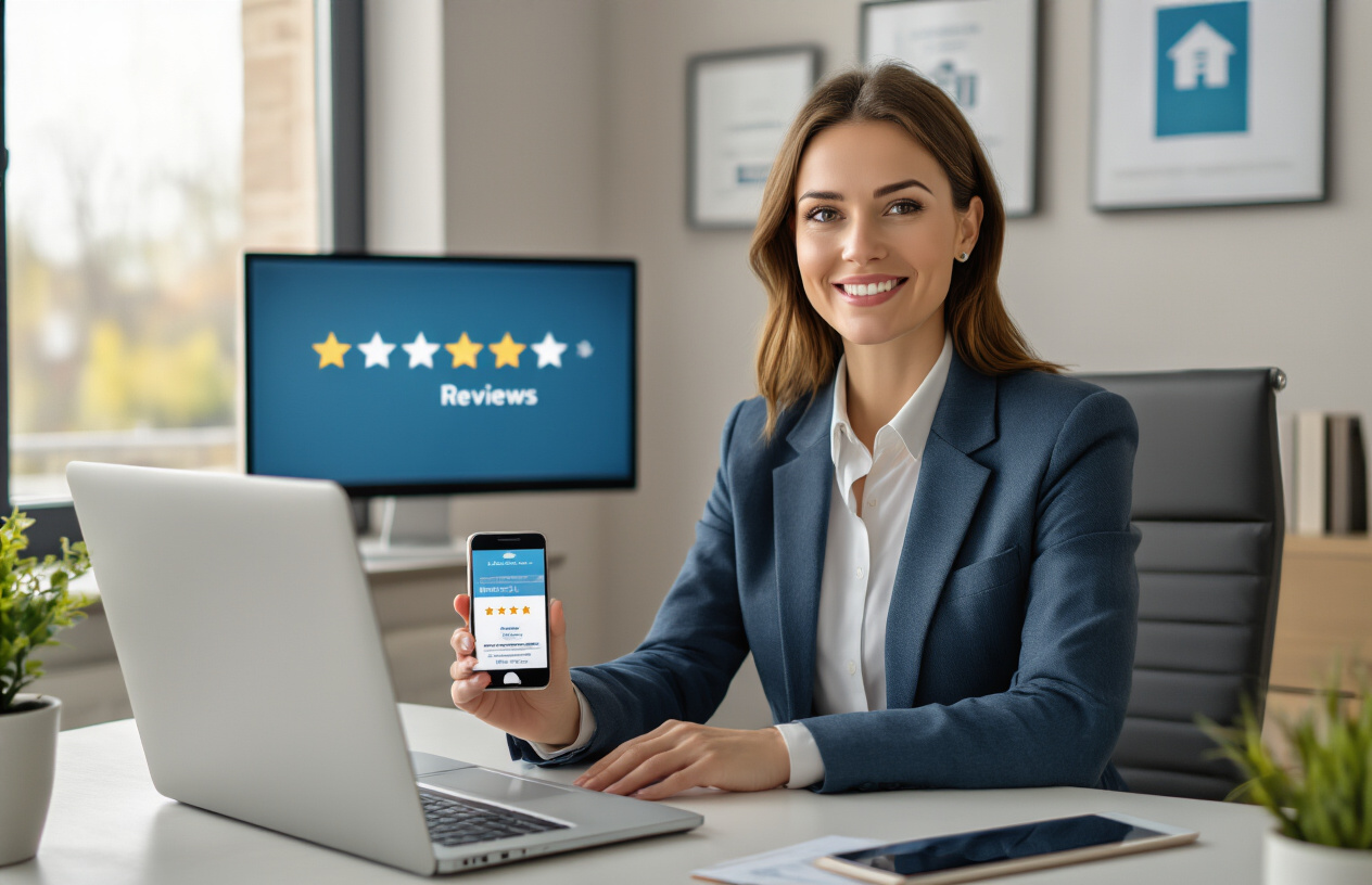 Local SEO for Real Estate Agents to Boost Online Visibility and Generate More Leads 7 Create a realistic image of a professional white female real estate agent sitting at a modern desk with a laptop computer, smartphone displaying five-star rating symbols, and tablet showing customer review interface, with a warm office environment featuring real estate certificates on the wall, natural lighting from a window, and a confident, trustworthy expression as she manages online reviews and client feedback, absolutely NO text should be in the scene.