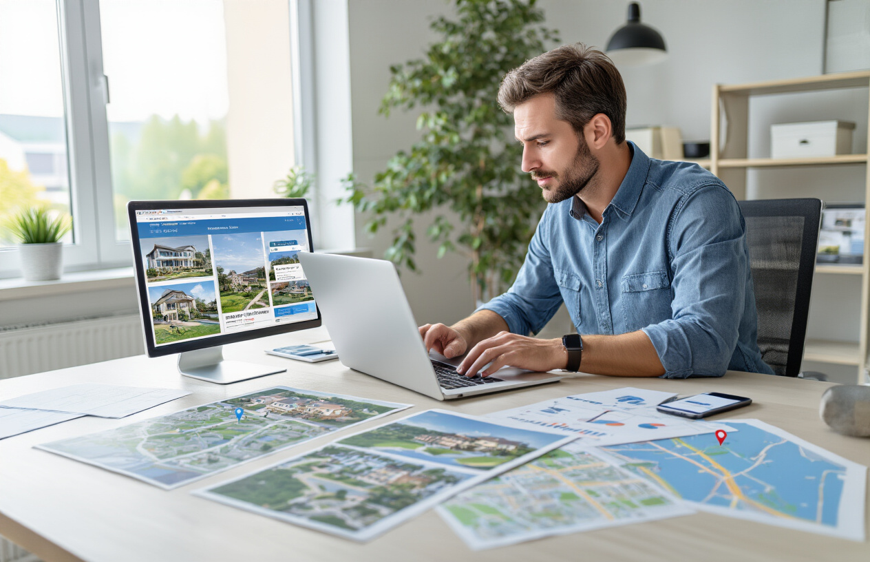 Local SEO for Real Estate Agents to Boost Online Visibility and Generate More Leads 8 Create a realistic image of a white male real estate agent working on a laptop computer at a modern office desk, with multiple browser windows displaying property listings and location maps on the screen, surrounded by printed property photos and local area maps spread across the desk, in a bright professional office setting with natural lighting from a window, showing focused concentration as he optimizes digital marketing materials, with a smartphone displaying location pins nearby, absolutely NO text should be in the scene.