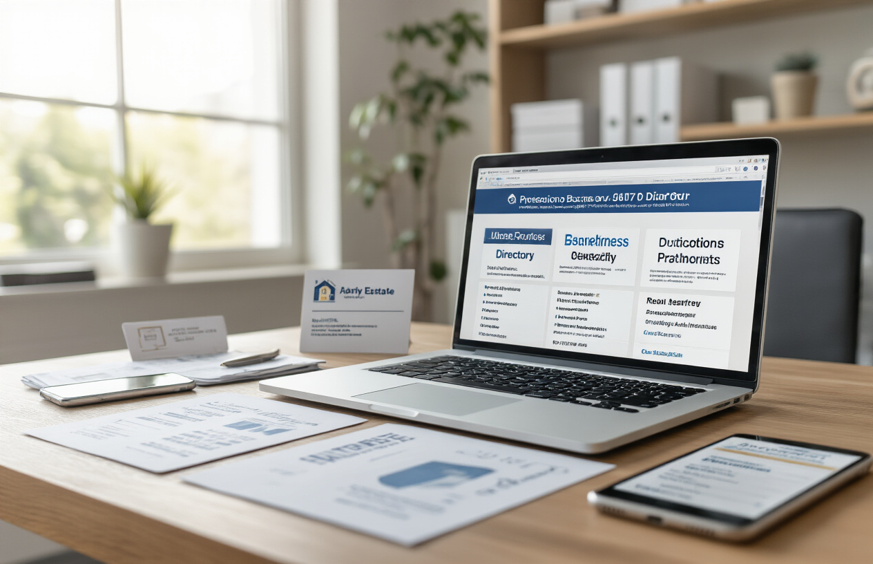 Local SEO for Real Estate Agents to Boost Online Visibility and Generate More Leads 9 Create a realistic image of a professional workspace showing a laptop computer displaying various online business directory websites and citation platforms on the screen, with a real estate agent's business cards, a smartphone, and organized paperwork scattered on a modern wooden desk, soft natural lighting from a nearby window, clean office environment with subtle real estate marketing materials visible in the background, absolutely NO text should be in the scene.