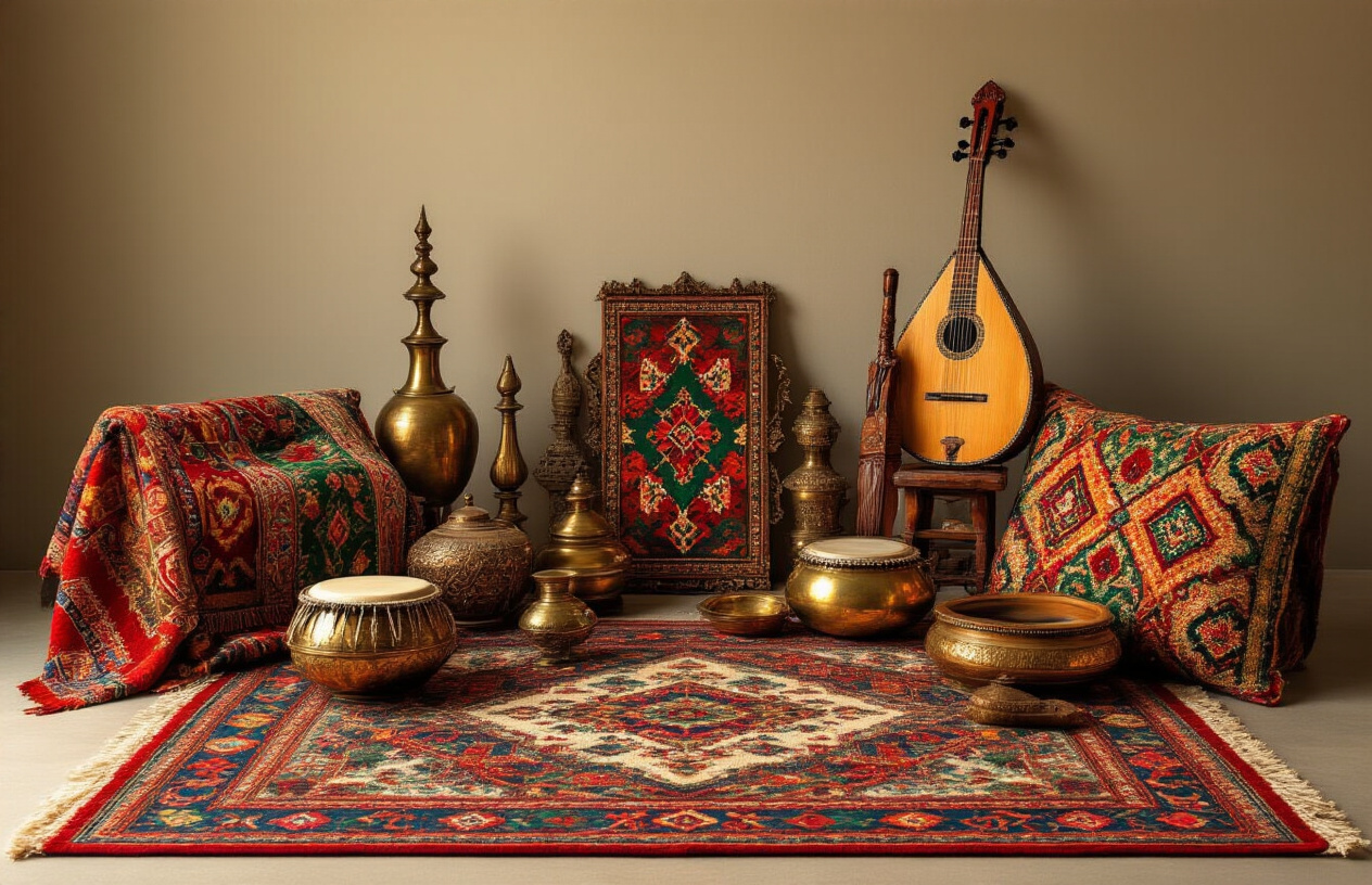 Create a realistic image of traditional Pakistani cultural elements including ornate handwoven carpets with intricate geometric patterns, colorful embroidered textiles, brass and copper traditional utensils, wooden carved artifacts, and musical instruments like tabla and sitar arranged in an elegant display, with warm golden lighting highlighting the rich textures and vibrant colors of red, green, gold, and blue, set against a neutral background that emphasizes the cultural treasures, absolutely NO text should be in the scene.