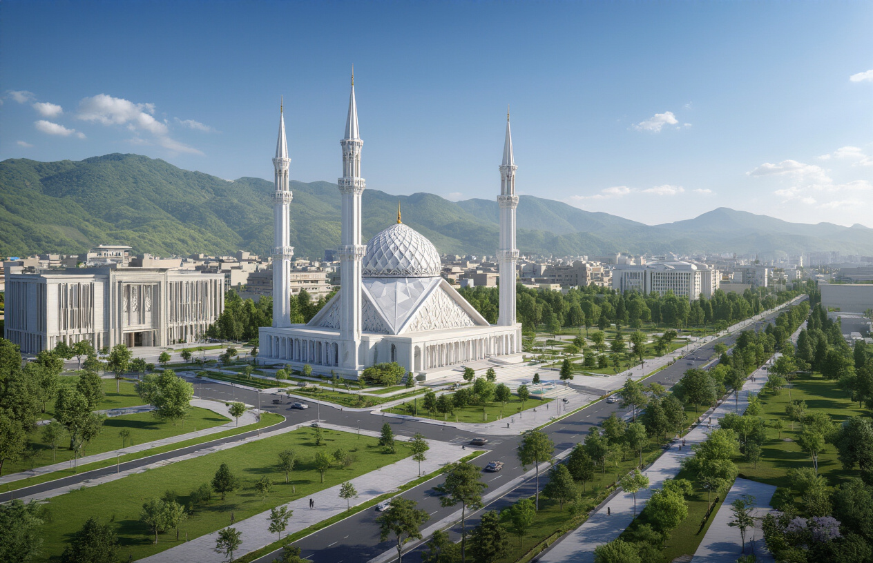 Create a realistic image of Islamabad, Pakistan's modern capital city showcasing contemporary architecture with the iconic Faisal Mosque's white minarets and geometric dome structure prominently featured, surrounded by wide tree-lined avenues, modern government buildings with clean geometric designs, lush green landscaping, the Margalla Hills forming a natural backdrop in the distance, clear blue sky with soft natural lighting creating a sense of planned urban development and modernity, Absolutely NO text should be in the scene.