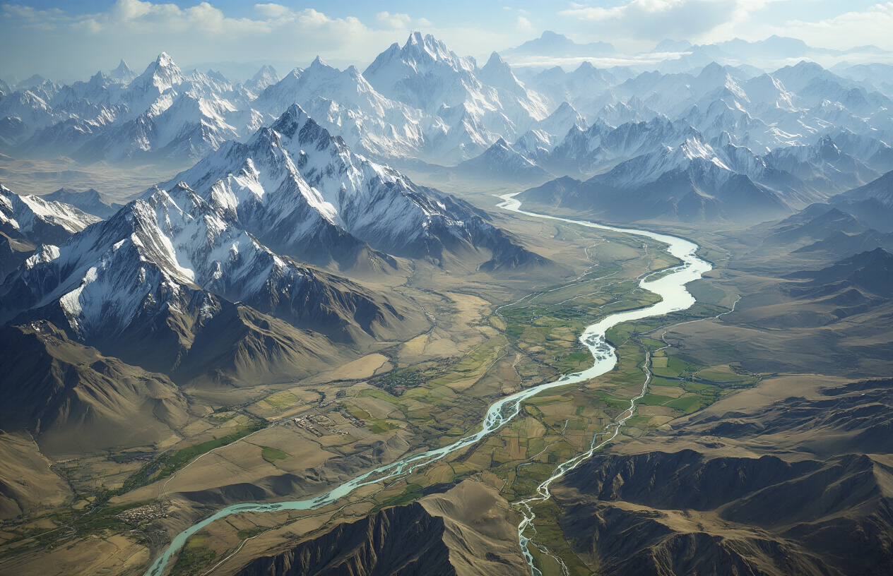 Create a realistic image of Pakistan's diverse geographic landscape showing the snow-capped peaks of the northern mountain ranges including parts of the Himalayas and Karakoram, rolling hills and plains in the central regions, the Indus River flowing through fertile valleys, desert areas in the south, and clear boundary lines demarcating different provinces and regions across the terrain, captured from an elevated aerial perspective with natural daylight illuminating the varied topography and distinct geological features, absolutely NO text should be in the scene.