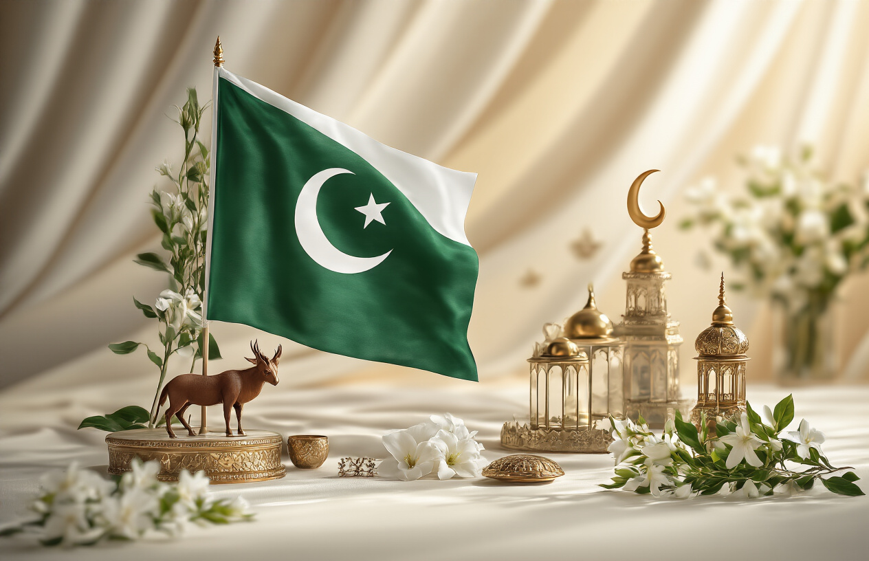 Create a realistic image of the Pakistani flag prominently displayed with its green field and white stripe featuring the white crescent moon and five-pointed star, alongside other national symbols including the crescent and star emblem, markhor (national animal), and jasmine flowers (national flower), arranged in an elegant composition against a soft, dignified background with warm natural lighting that emphasizes the symbolic importance of these elements, absolutely NO text should be in the scene.