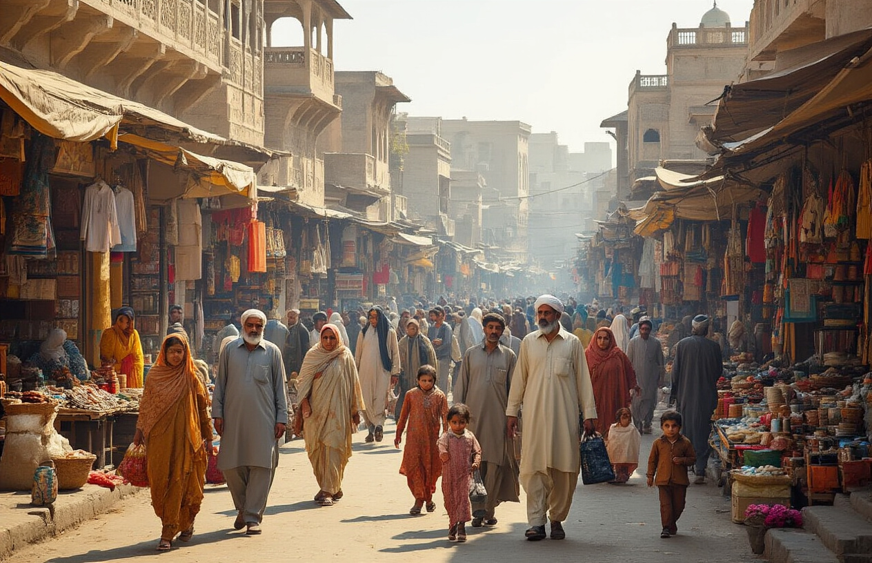 Create a realistic image of diverse Pakistani people of different ages including South Asian men, women, and children gathered in a bustling urban marketplace with traditional architecture, showing population density through crowded streets, vendors selling goods, families walking together, and residential buildings in the background under natural daylight, representing the demographic diversity and population distribution of Pakistan. Absolutely NO text should be in the scene.