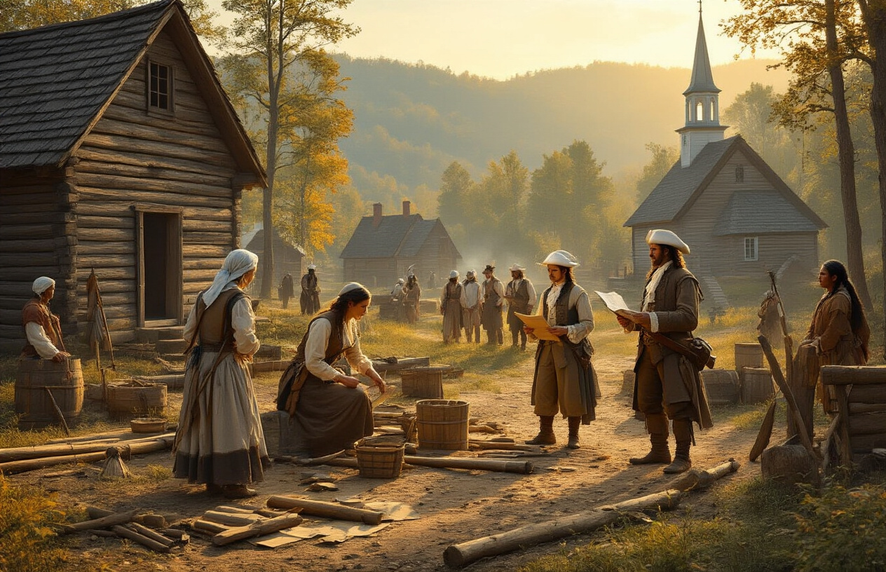 Create a realistic image of colonial American settlers in the 1700s with white male and female colonists in period clothing working together to build wooden structures, founding fathers in powdered wigs holding documents, and Native American individuals observing from a distance, set against a backdrop of pristine wilderness with tall trees and rolling hills, golden hour lighting creating warm shadows across the settlement, with wooden cabins, a church steeple, and early American tools scattered around the scene, conveying a sense of determination and historical significance, absolutely NO text should be in the scene.