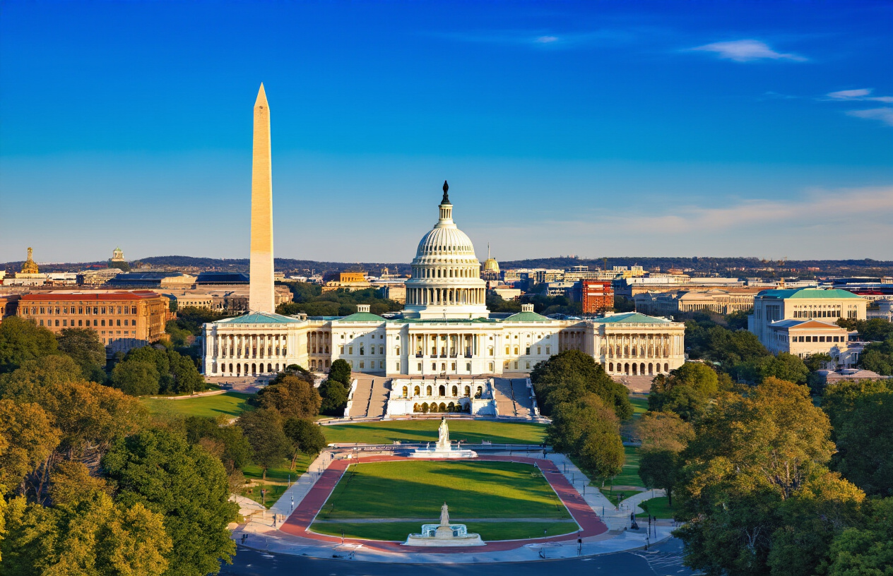 Create a realistic image of Washington D.C.'s iconic skyline featuring the white-domed U.S. Capitol Building prominently in the center, with the Washington Monument's tall obelisk visible in the background, surrounded by government buildings and tree-lined streets, shot during golden hour lighting with a clear blue sky, showcasing the formal architectural style and grandeur of America's capital city. Absolutely NO text should be in the scene.