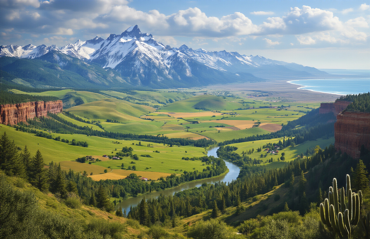 Create a realistic image of a diverse American landscape showcasing multiple geographic regions in one panoramic view, featuring snow-capped mountains in the background, rolling green hills and farmland in the middle distance, a winding river cutting through the valley, dense forests of pine and deciduous trees, a small portion of desert terrain with cacti on one side, and a glimpse of coastline with cliffs on the other side, under a partly cloudy sky with natural lighting that highlights the varied topography and regional diversity of the United States, absolutely NO text should be in the scene.
