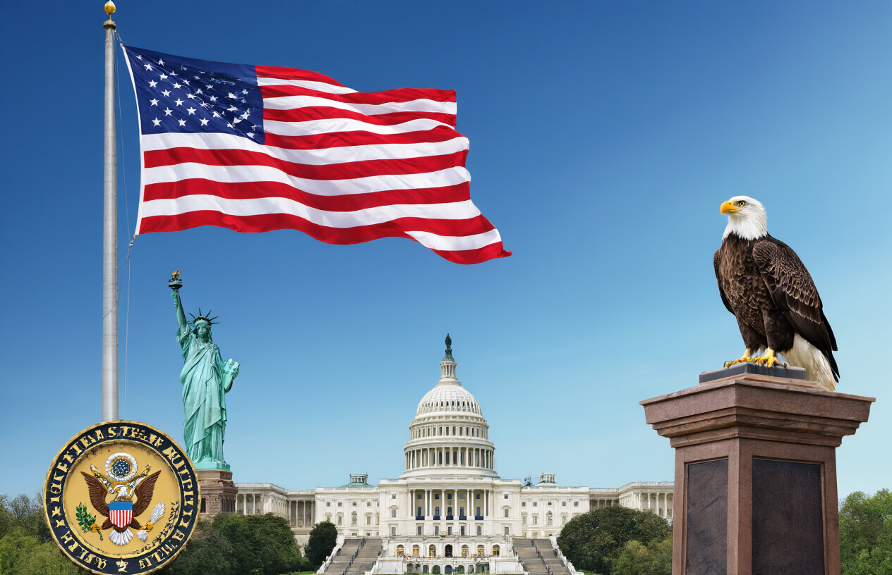 Create a realistic image of the American flag prominently displayed waving in the wind with other key USA national symbols including the bald eagle perched nearby, the Great Seal of the United States visible on a podium or display, the Statue of Liberty in the background, and the US Capitol building dome visible in the distance, set against a clear blue sky with natural lighting, capturing a patriotic and dignified atmosphere that represents American national identity, absolutely NO text should be in the scene.