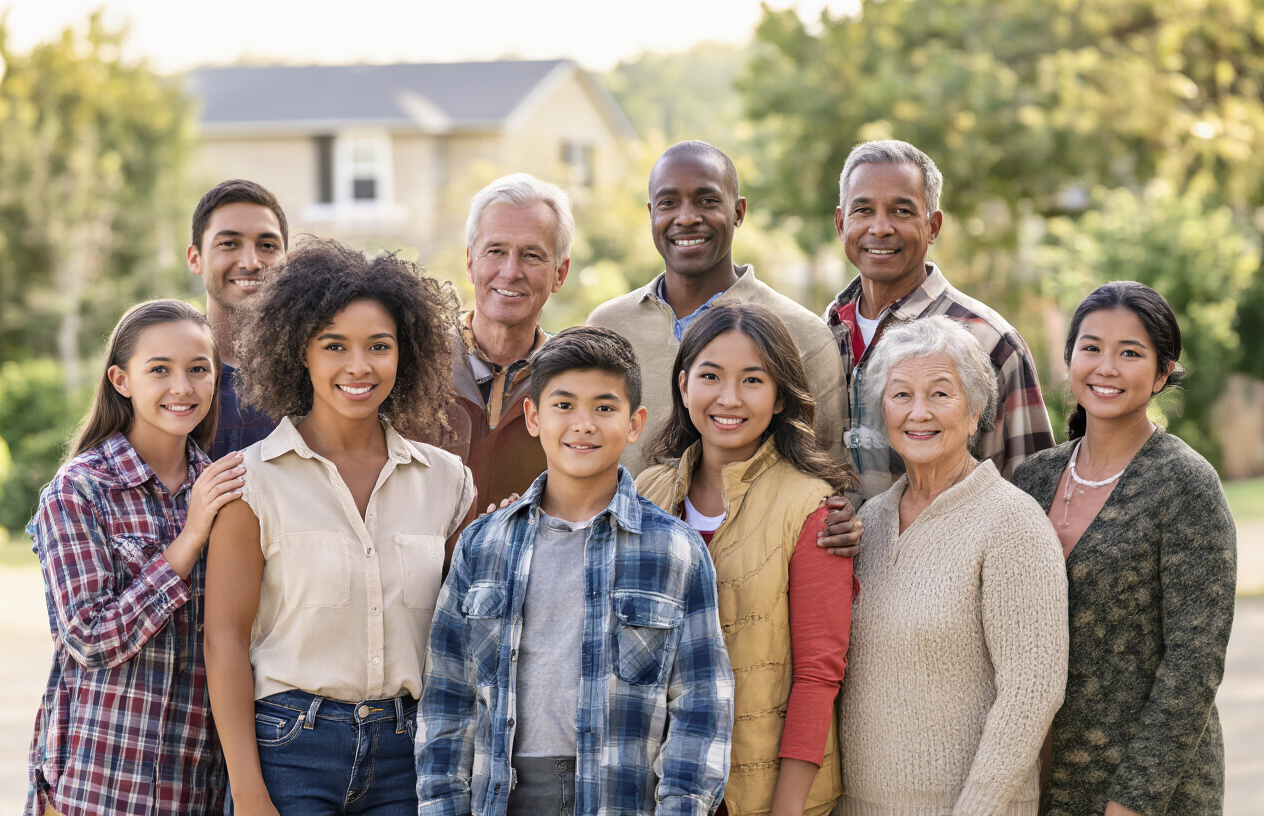 Create a realistic image of a diverse group of American people of different ages, races, and ethnicities standing together representing US demographics, including white, black, Hispanic, Asian, and Native American individuals of various ages from children to elderly, both male and female, arranged in a natural gathering against a subtle background of American suburban and urban landscapes with soft natural lighting, showing the multicultural population diversity of the United States, absolutely NO text should be in the scene.