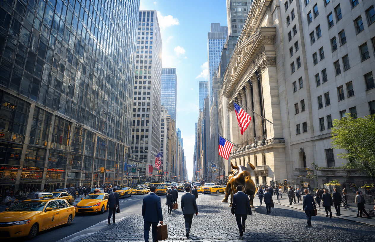 Create a realistic image of a bustling modern American financial district with towering glass skyscrapers, busy streets filled with diverse business professionals of various races and genders in suits carrying briefcases, yellow taxis and luxury cars, the American flag prominently displayed on a flagpole, Wall Street-style bronze bull statue, global corporate logos on building facades, busy stock exchange trading floor visible through large windows, urban cityscape background with clear blue sky, bright daylight illuminating the scene, conveying prosperity and economic dominance, absolutely NO text should be in the scene.