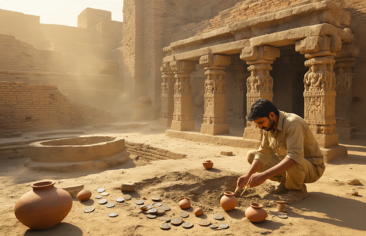 Create a realistic image of ancient Indian archaeological ruins with weathered stone temples and carved pillars from the Indus Valley civilization, featuring terracotta pottery fragments and ancient coins scattered on dusty ground, with a South Asian male archaeologist in khaki clothing carefully excavating artifacts using brushes and tools, set against a backdrop of crumbling brick structures and ancient wells under warm golden sunlight filtering through dust particles in the air, conveying a sense of historical discovery and ancient heritage. Absolutely NO text should be in the scene.